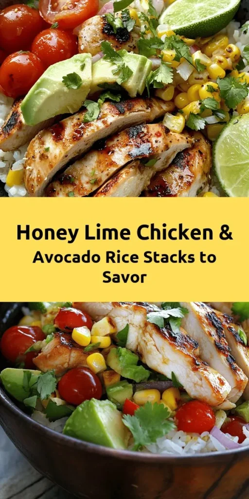 Elevate your dinner with this Honey Lime Chicken & Avocado Rice Stack! This vibrant dish features marinated chicken grilled to perfection, layered over a refreshing mix of jasmine rice, creamy avocado, sweet corn, and tangy cherry tomatoes. Perfect for a family meal or a dinner party, it’s as delicious as it is beautiful. Serve it with fresh lime wedges and enjoy the burst of flavors. Try this scrumptious recipe for a delightful evening!