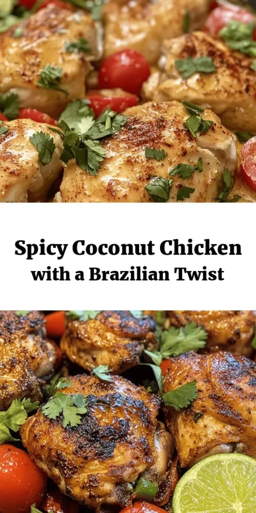 Spicy Brazilian Coconut Chicken is a perfect blend of flavors that will transport your taste buds straight to the tropics! This recipe features marinated chicken thighs simmered in rich coconut milk, infused with garlic, ginger, and a kick of chili flakes. With colorful bell peppers and juicy cherry tomatoes, serve it with rice or crusty bread to soak up the creamy sauce. Ready in just an hour, it’s a weeknight dinner that’s packed with flavor and warmth!