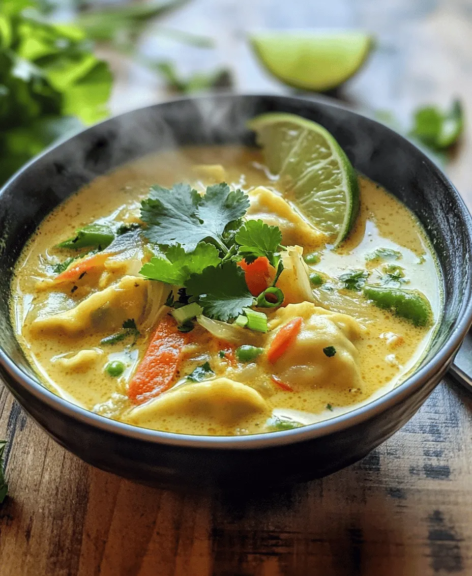 Dumpling soup is a beloved dish that holds a special place in culinary traditions across the globe. From comforting bowls of Chinese wonton soup to hearty Polish pierogi in broth, dumpling soups evoke warmth and nostalgia, making them a favorite for many. Among the myriad of dumpling soups, the <strong>Best Curry Dumpling Soup</strong> stands out for its unique blend of rich flavors, aromatic spices, and vibrant colors. This recipe is not just about nourishment; it’s about experience—a delightful fusion of spices, the creaminess of coconut milk, and the freshness of vegetables all come together to create a memorable dish.” /></p>
</p>
<h3>Importance of Flavor Balance and Texture in the Filling</h3>
</p>
<p>Achieving the perfect filling for your dumplings goes beyond just choosing the right ingredients; it’s about achieving a harmonious balance of flavor and texture. A well-crafted filling should be savory, aromatic, and slightly spicy, with a texture that is neither too dense nor too loose. This balance enhances the overall eating experience, allowing each bite to deliver a burst of flavor without overwhelming the palate.</p>
</p>
<p>For those looking to experiment, there are numerous filling variations that can cater to different dietary preferences. Consider vegan options utilizing a blend of mushrooms, tofu, and vegetables like finely chopped carrots and spinach. Alternatively, you can opt for different protein sources, such as shrimp, chicken, or even a combination of minced meat and finely diced vegetables for a heartier filling. Remember to season your filling well with salt, pepper, and spices that complement the soup base you will prepare.</p>
</p>
<h3>Shaping the Dumplings</h3>
</p>
<p><strong>Instructions on Rolling and Shaping the Dumplings:</strong></p>
</p>
<p>1. <strong>Prepare the Dough</strong>: Start by dividing your dumpling dough into small, manageable pieces, about the size of a golf ball. Keep the unused portions covered with a damp cloth to prevent them from drying out.</p>
</p>
<p>2. <strong>Roll Out the Dough</strong>: On a lightly floured surface, take one piece of dough and roll it into a thin circle, approximately 3 to 4 inches in diameter. The thickness should be even, allowing for a sturdy yet tender shell.</p>
</p>
<p>3. <strong>Add the Filling</strong>: Place a spoonful of your prepared filling in the center of the dough circle. Be careful not to overfill, as this can lead to breakage during cooking.</p>
</p>
<p>4. <strong>Seal the Dumplings</strong>: Gently fold the dough over the filling to create a half-moon shape. Pinch the edges together firmly. You can also create pleats along the edge for a decorative touch and to ensure a tight seal.</p>
</p>
<p>5. <strong>Prevent Leakage</strong>: To prevent leakage during cooking, make sure the edges are well-sealed. A drop of water can be used to moisten the edges before pinching them together if needed.</p>
</p>
<p><strong>Visualizing the Size and Shape for Optimal Cooking:</strong></p>
</p>
<p>When shaping your dumplings, imagine the size and shape that will allow them to cook evenly in the soup. A uniform size, around the diameter of a half-dollar coin, ensures that all dumplings cook at the same rate, giving you a consistent texture and flavor throughout.</p>
</p>
<h3>Crafting the Soup Base</h3>
</p>
<p><strong>Step-by-Step Guide to Preparing the Soup Base:</strong></p>
</p>
<p>1. <strong>Sauté Aromatics</strong>: Begin by heating a tablespoon of oil in a large pot over medium heat. Add finely chopped onions, garlic, and ginger. Sauté until the onions become translucent and fragrant, about 3-4 minutes. These aromatics form the flavor foundation of your soup.</p>
</p>
<p>2. <strong>Combine the Broth</strong>: Once your aromatics are ready, pour in 4 cups of vegetable or chicken broth. Stir well to combine, scraping any bits from the bottom of the pot to release additional flavor.</p>
</p>
<p>3. <strong>Add Coconut Milk and Seasonings</strong>: Next, add one can of coconut milk, stirring to create a creamy texture. Season the broth with a tablespoon of soy sauce, a teaspoon of curry powder, and a sprinkle of chili flakes. Adjust these spices based on your heat preference.</p>
</p>
<p>4. <strong>Simmer for Depth of Flavor</strong>: Allow the mixture to simmer on low heat for about 10-15 minutes. This simmering process allows the flavors to meld beautifully, creating a rich and aromatic soup base.</p>
</p>
<h3>Cooking the Dumplings in the Soup</h3>
</p>
<p><strong>Instructions on Gently Incorporating Dumplings into the Simmering Soup:</strong></p>
</p>
<p>1. <strong>Prepare for Cooking</strong>: Once your soup base is ready, increase the heat slightly to bring it to a gentle simmer.</p>
</p>
<p>2. <strong>Add Dumplings</strong>: Carefully add your dumplings one by one into the simmering soup. Stir gently to prevent them from sticking to the bottom or each other.</p>
</p>
<p>3. <strong>Cooking Time and Indicators</strong>: Cook the dumplings for about 8-10 minutes, or until they float to the surface and are slightly translucent. This indicates they are cooked through and ready to be enjoyed.</p>
</p>
<p>4. <strong>Visual Cues for Doneness</strong>: Keep an eye on the dumplings as they cook. A perfectly cooked dumpling will appear plump and glossy, indicating a tender filling inside.</p>
</p>
<h3>Final Touches: Seasoning and Serving</h3>
</p>
<p><strong>Tips for Final Seasoning with Salt, Pepper, and Lime Juice:</strong></p>
</p>
<p>Before serving, taste your soup and adjust the seasoning as necessary. A pinch of salt or a squeeze of fresh lime juice can elevate the flavors significantly, enhancing the overall taste profile.</p>
</p>
<p><strong>Presentation Suggestions for Serving:</strong></p>
</p>
<p>1. <strong>Garnish</strong>: Ladle the soup into bowls and garnish with fresh cilantro and sliced green onions. This not only adds a pop of color but also introduces fresh flavors that complement the richness of the soup.</p>
</p>
<p>2. <strong>Serving with Lime Wedges</strong>: Serve with lime wedges on the side for an added zesty kick. The acidity from the lime juice balances the creaminess of the coconut milk beautifully.</p>
</p>
<h3>Nutritional Information</h3>
</p>
<p>The ingredients used in this Best Curry Dumpling Soup are not only delicious but also packed with health benefits.</p>
</p>
<p>– <strong>Dumplings</strong>: Made from fresh vegetables or lean proteins, they provide essential vitamins and minerals.</p>
<p>– <strong>Coconut Milk</strong>: Offers healthy fats and can contribute to heart health when consumed in moderation.</p>
<p>– <strong>Broth and Aromatics</strong>: Provide hydration and beneficial compounds that can aid digestion and boost immunity.</p>
</p>
<p><strong>Estimated Nutritional Breakdown per Serving</strong> (approximate values):</p>
</p>
<p>– Calories: 350</p>
<p>– Protein: 12g</p>
<p>– Carbohydrates: 45g</p>
<p>– Fat: 15g</p>
<p>– Fiber: 5g</p>
</p>
<h3>Conclusion</h3>
</p>
<p>Making the Best Curry Dumpling Soup is not just about following a recipe; it’s about creating a comforting dish that warms the soul. Each step, from crafting the dumplings to simmering the soup, contributes to a delightful culinary experience that you can share with family and friends.</p>
</p>
<p>This recipe is versatile, allowing you to explore a variety of fillings and spice levels to suit your taste. Whether you are a seasoned cook or trying your hand at dumplings for the first time, this soup promises satisfaction in every spoonful. We encourage you to try this recipe, experiment with your variations, and embrace the joy of cooking. Enjoy your culinary adventure!</p>
<div id=
