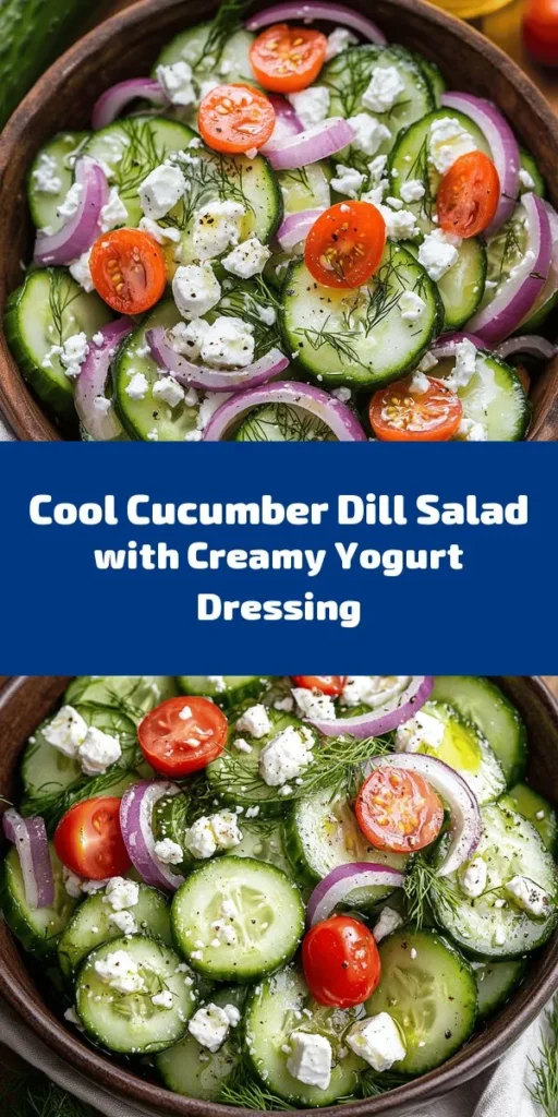 Enjoy a burst of freshness with this Cucumber Dill Salad! Perfect for warm days, this light and flavorful dish combines crisp cucumbers, red onion, and refreshing dill, tossed in a creamy Greek yogurt dressing. Drizzle with apple cider vinegar and a hint of honey for sweetness, then top off with crumbled feta and cherry tomatoes for a colorful finish. Easy to prepare in just 15 minutes, this salad is a delightful addition to any meal!