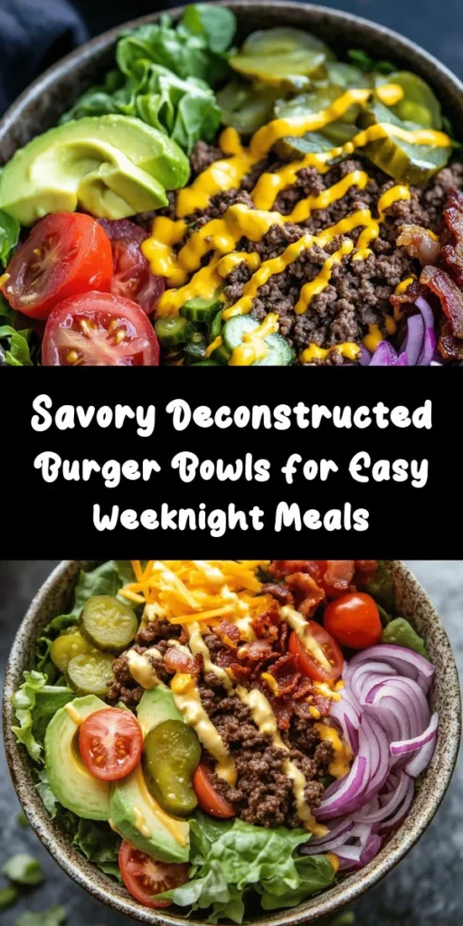 Elevate your burger game with these easy deconstructed burger bowls! Perfectly seasoned ground beef pairs with a bed of mixed greens, cherry tomatoes, pickles, creamy avocado, and shredded cheddar. Top it off with a tangy sauce made with mayo, ketchup, and mustard for a burst of flavor. Quick to prep and assemble, this recipe is ideal for busy nights or a fresh meal prep option. Serve warm and enjoy a fun twist on a classic favorite!