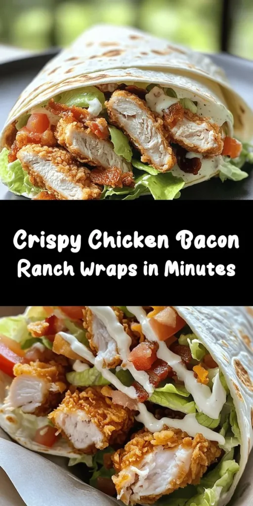 Indulge in a deliciously satisfying Crispy Chicken Bacon Ranch Wrap! This recipe features juicy, marinated chicken breasts fried to golden perfection, layered with crispy bacon, fresh lettuce, and ripe tomatoes, all drizzled with creamy ranch dressing. Wrapped in a soft tortilla, it's perfect for lunch or a quick dinner. With simple ingredients and easy instructions, you’ll have a flavorful meal ready in no time. Enjoy every bite packed with crunch and flavor!