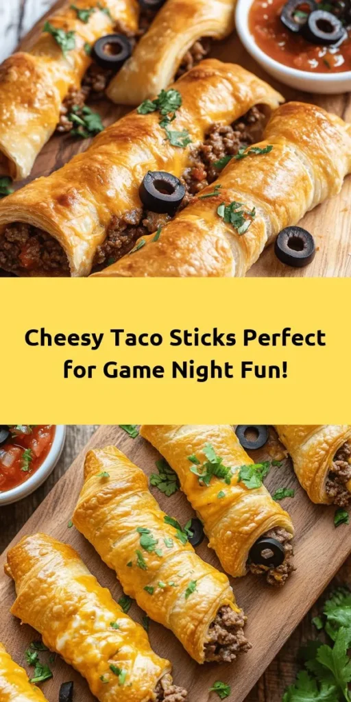 Delight your taste buds with these Cheesy Taco Sticks! Made with ground beef (or turkey), creamy cheeses, and a hint of taco seasoning, these easy-to-make snacks are perfect for any gathering. Simply roll the cheesy filling in crescent dough and bake until golden. Serve with salsa for a delicious dip. Ideal for parties or a cozy night in, these tasty sticks will become a family favorite in no time! Enjoy the cheesy goodness!