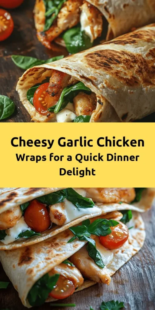 Indulge in these delicious Cheesy Garlic Chicken Wraps that are perfect for any mealtime! Filled with seasoned chicken, creamy garlic cheese, fresh spinach, and juicy cherry tomatoes, these wraps are bursting with flavor. Easy to make and ready in just 35 minutes, they make for a satisfying lunch or dinner. Toast them for an irresistible crunch and enjoy with your favorite dipping sauce. Your taste buds will thank you!