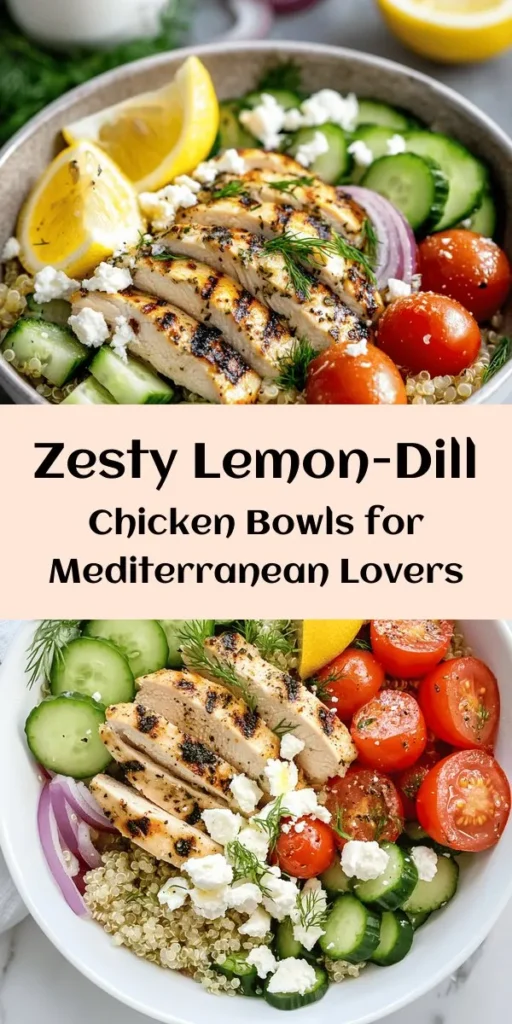 Brighten up your dinner with these Mediterranean-Inspired Lemon-Dill Chicken Bowls! Juicy marinated chicken breasts grilled to perfection are paired with a fresh quinoa salad featuring cherry tomatoes, cucumber, and red onion. Topped with crumbled feta and garnished with dill, this vibrant meal is bursting with flavor. Ready in just an hour, it's perfect for a healthy weeknight dinner. Serve it with lemon wedges for an extra zesty touch!