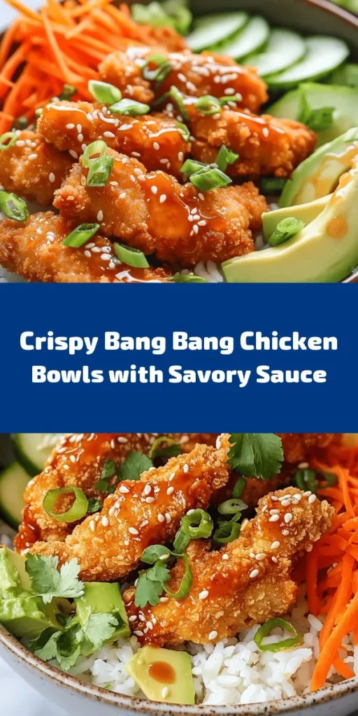 Savor the deliciousness of this Bang Bang Chicken Bowl! This recipe features crispy, breaded chicken coated in a spicy and creamy Bang Bang sauce, served over fluffy jasmine rice. It's loaded with fresh veggies like crunchy cucumbers, shredded carrots, and creamy avocado, topped with green onions and sesame seeds. Perfect for a quick weeknight dinner or meal prep. Try this flavorful bowl for a satisfying and vibrant meal that everyone will love!
