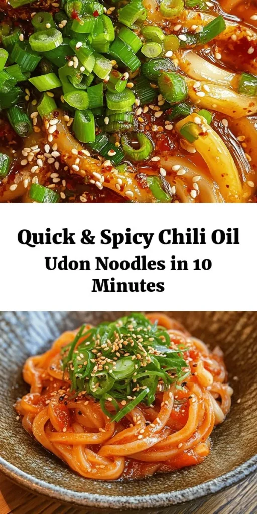 Ready for a flavor explosion? Try these Spicy Quick Chili Oil Udon Noodles! With fresh udon noodles tossed in a zesty blend of chili oil, soy sauce, sesame oil, and fresh garlic and ginger, this dish is quick and easy to make in under 10 minutes. Perfect for a weeknight dinner or a cozy lunch, serve it topped with spring onions, sesame seeds, and your favorite fresh herbs. Dive into this spicy delight today and satisfy your noodle cravings!