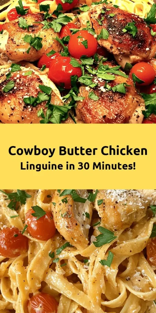 Indulge in this Easy Cowboy Butter Chicken Linguine, a delightful twist on pasta night! This recipe features tender chicken thighs seasoned to perfection, combined with cherry tomatoes in a creamy, buttery sauce. Tossed with linguine and finished with fresh parsley and Parmesan, it's a one-pan wonder that's ready in just 30 minutes. Perfect for busy weeknights, this comforting meal will satisfy the whole family. Save this recipe for your next dinner plan! 🍝🤠