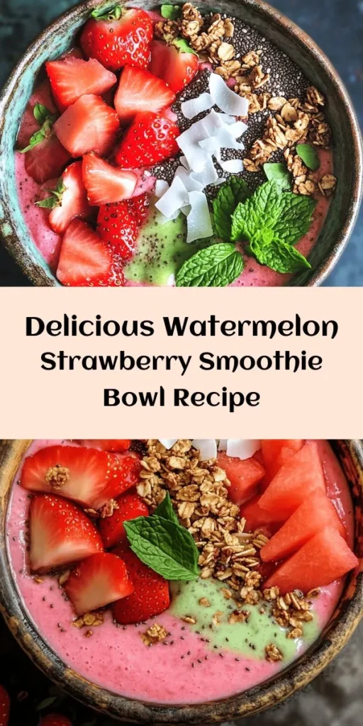 Dive into a deliciously refreshing watermelon and strawberry smoothie bowl that's perfect for any time of day! Made with frozen watermelon, strawberries, and banana blended with creamy coconut milk, this bowl is not only easy to whip up but also bursting with flavor. Top it with fresh fruit, granola, chia seeds, and a sprinkle of coconut flakes for an extra crunch. Perfect for breakfast or a healthy snack, this vibrant smoothie bowl is sure to brighten your day!