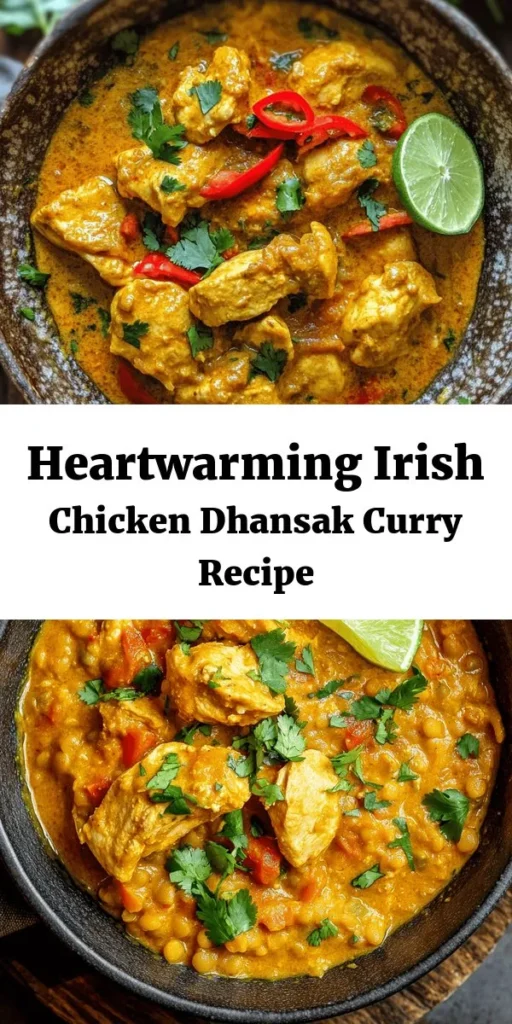 Discover the rich flavors of Ireland with this Hearty Irish Chicken Dhansak Curry! Made with tender chicken breast, aromatic spices, and creamy coconut milk, this comfort dish is perfect for any night. Packed with protein from red lentils and a touch of sweetness from brown sugar, it balances spices with a hint of tangy lime. Serve it hot with rice or naan for a satisfying meal. Gather your ingredients and enjoy a taste of this hearty recipe!