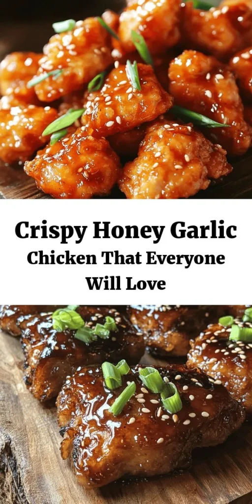 Savor the deliciousness of Crispy Chinese Honey Garlic Chicken! This easy recipe features bite-sized chicken thighs coated in a crispy batter, then tossed in a sweet and savory honey garlic sauce. Perfect as a main dish or appetizer, it pairs beautifully with steamed rice. With minimal prep time and a delightful crunch, this dish is sure to impress your family or guests. Don't forget to garnish with green onions and sesame seeds for that finishing touch!